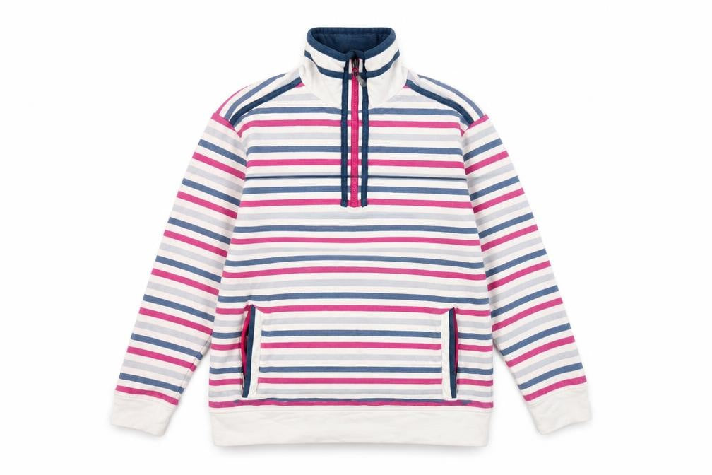 Front view of Hazy Blue women’s striped cotton sweatshirt m 1/2 zip multicoloured