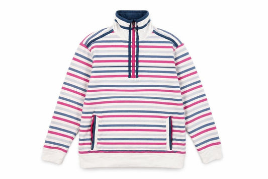 Front view of Hazy Blue women’s striped cotton sweatshirt m 1/2 zip multicoloured