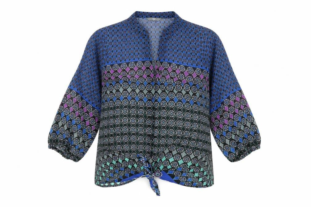 Front view of BHS women’s multicoloured, size UK 10, tunic blouse 3/4 sleeve v-neck
