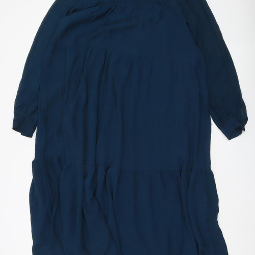 MNG Women Blue Midi Shift Dress Size 10 Long Sleeve V-Neck