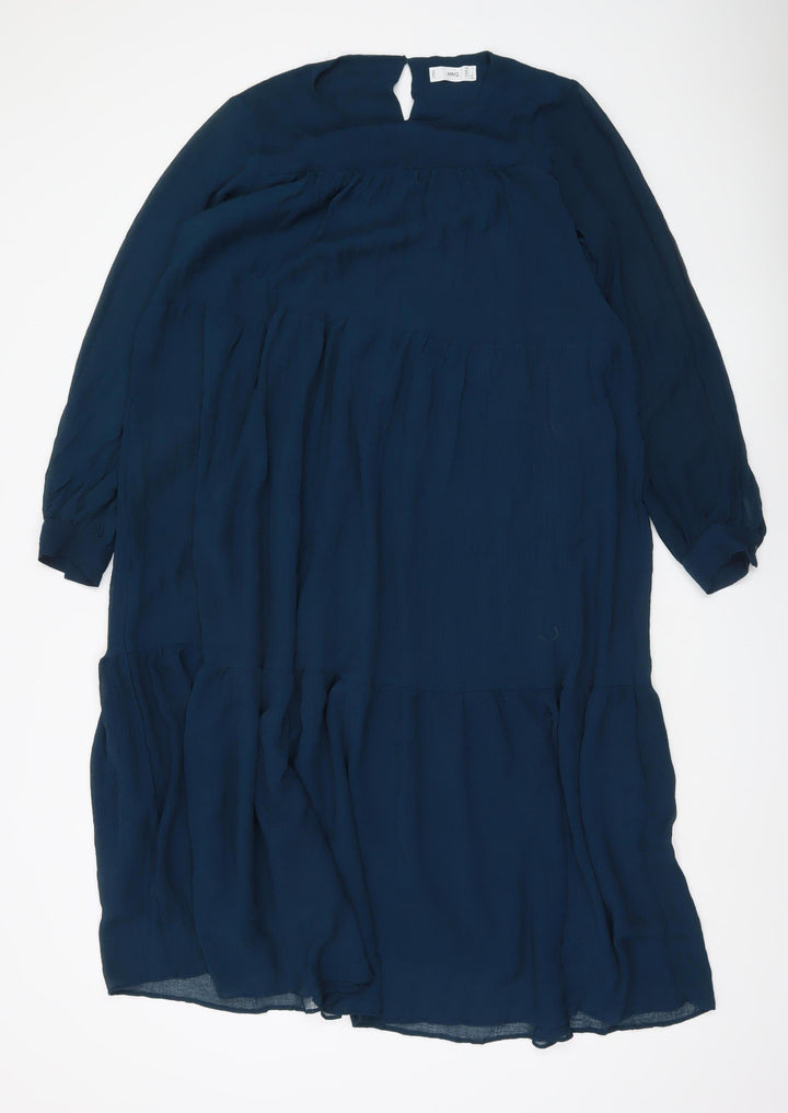 MNG Women Blue Midi Shift Dress Size 10 Long Sleeve V-Neck