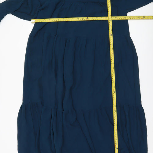 MNG Women Blue Midi Shift Dress Size 10 Long Sleeve V-Neck