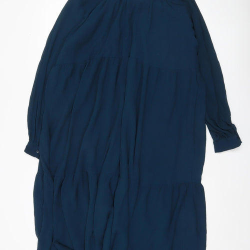 MNG Women Blue Midi Shift Dress Size 10 Long Sleeve V-Neck