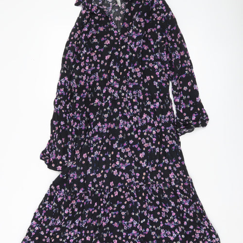 H&M Women’s Black Floral Collared Long Sleeve Shirt Dress Size 8
