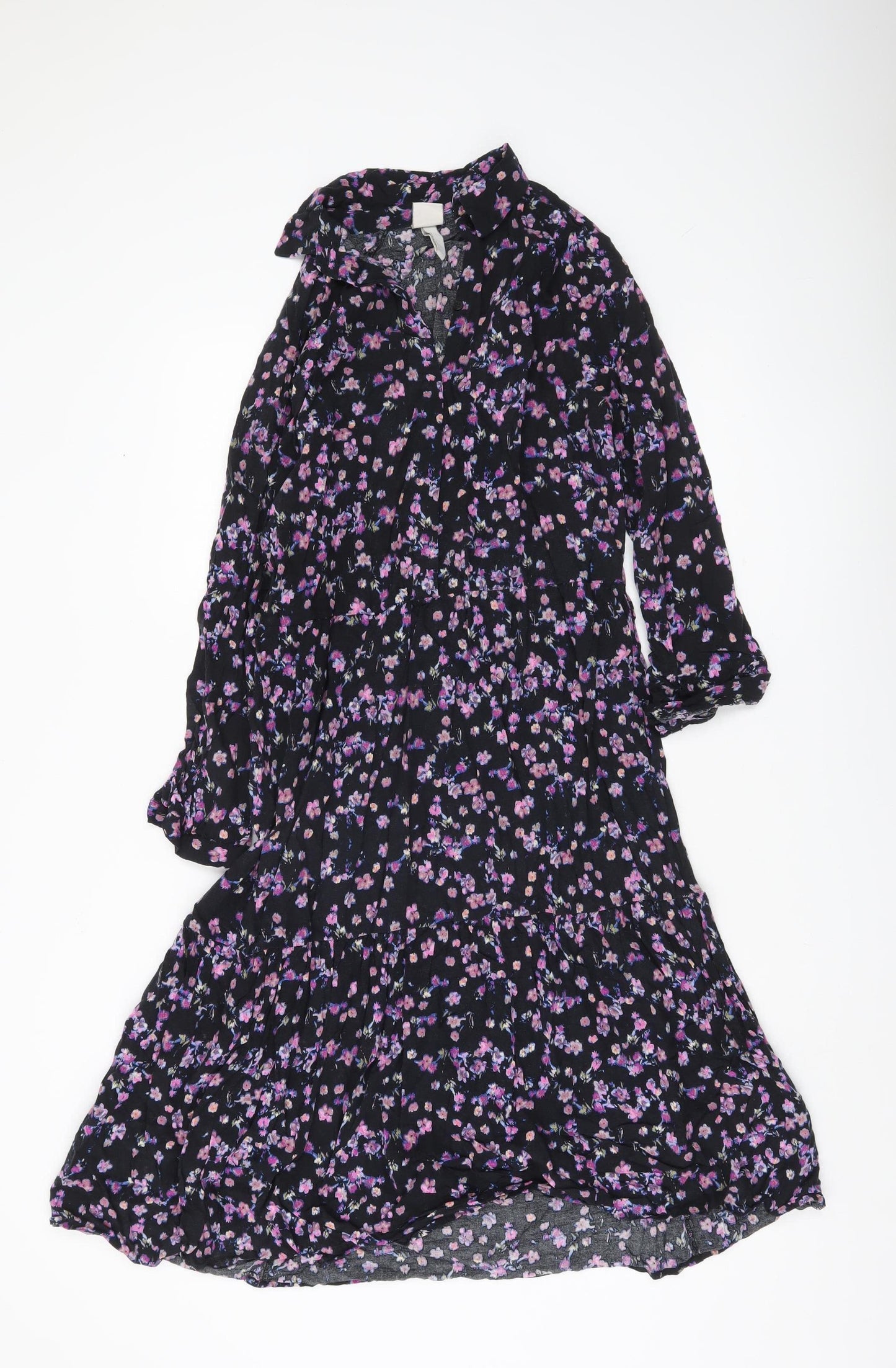 H&M Women’s Black Floral Collared Long Sleeve Shirt Dress Size 8