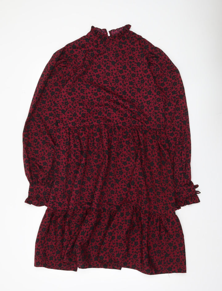 QED London Women’s Red Floral Puff Sleeve Ruffle Dress UK 10