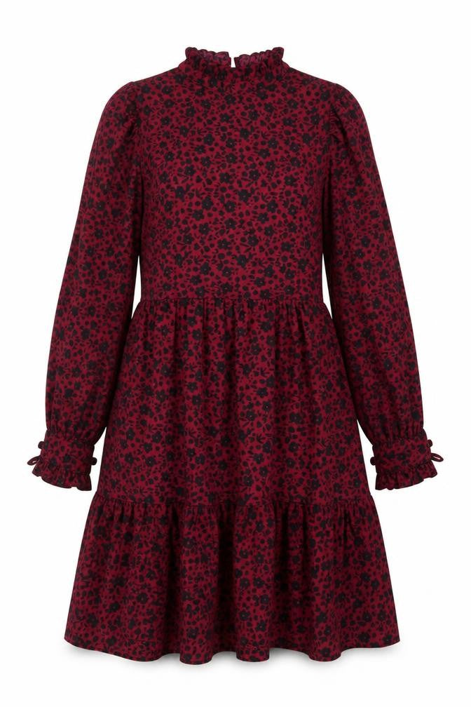 QED London Women’s Red Floral Puff Sleeve Ruffle Dress UK 10