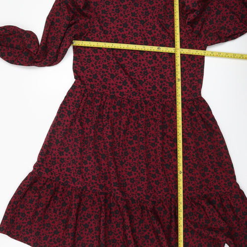 QED London Women’s Red Floral Puff Sleeve Ruffle Dress UK 10
