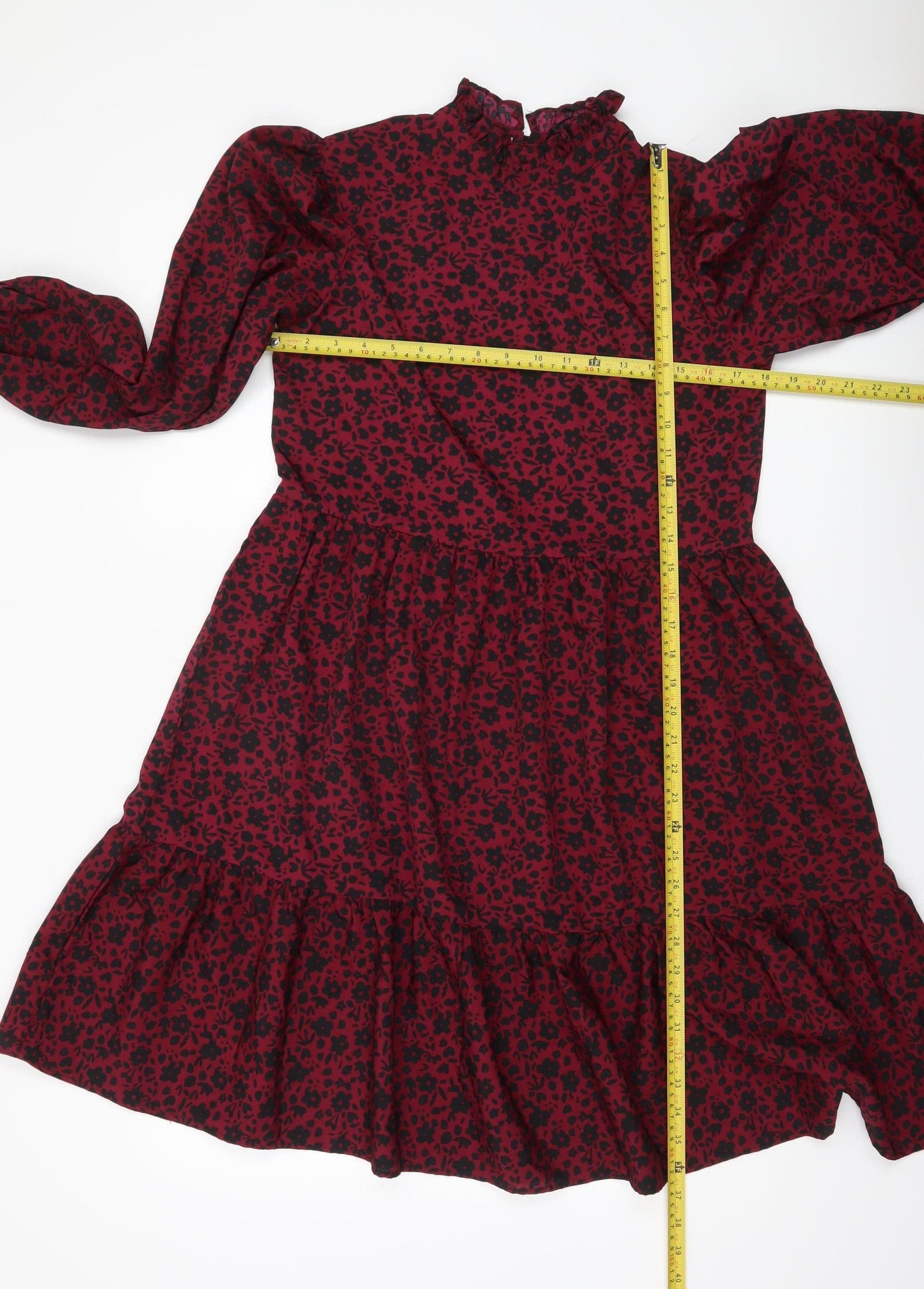 QED London Women’s Red Floral Puff Sleeve Ruffle Dress UK 10