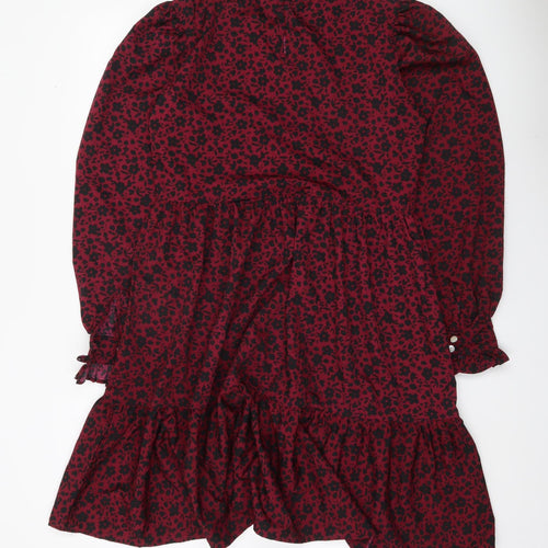 QED London Women’s Red Floral Puff Sleeve Ruffle Dress UK 10