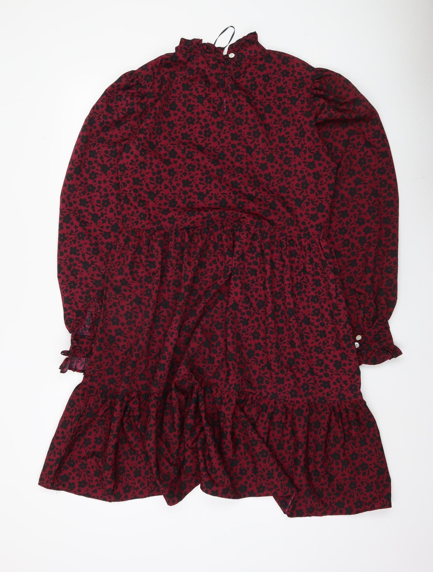QED London Women’s Red Floral Puff Sleeve Ruffle Dress UK 10