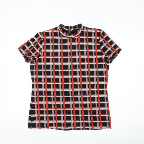 Marks and Spencer Women’s Black Red Check Mock Neck T-Shirt Top Size 12