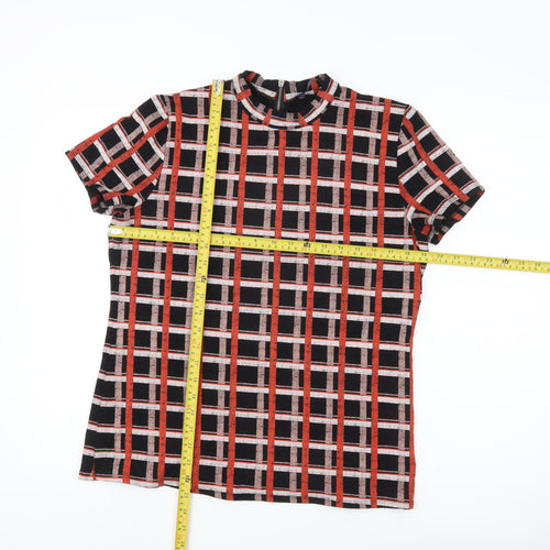 Marks and Spencer Women’s Black Red Check Mock Neck T-Shirt Top Size 12