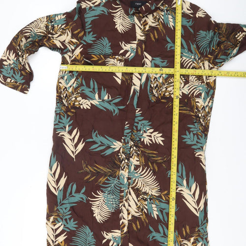 Next Womens Brown Green Floral Button-Up Tunic Shirt Dress UK 10