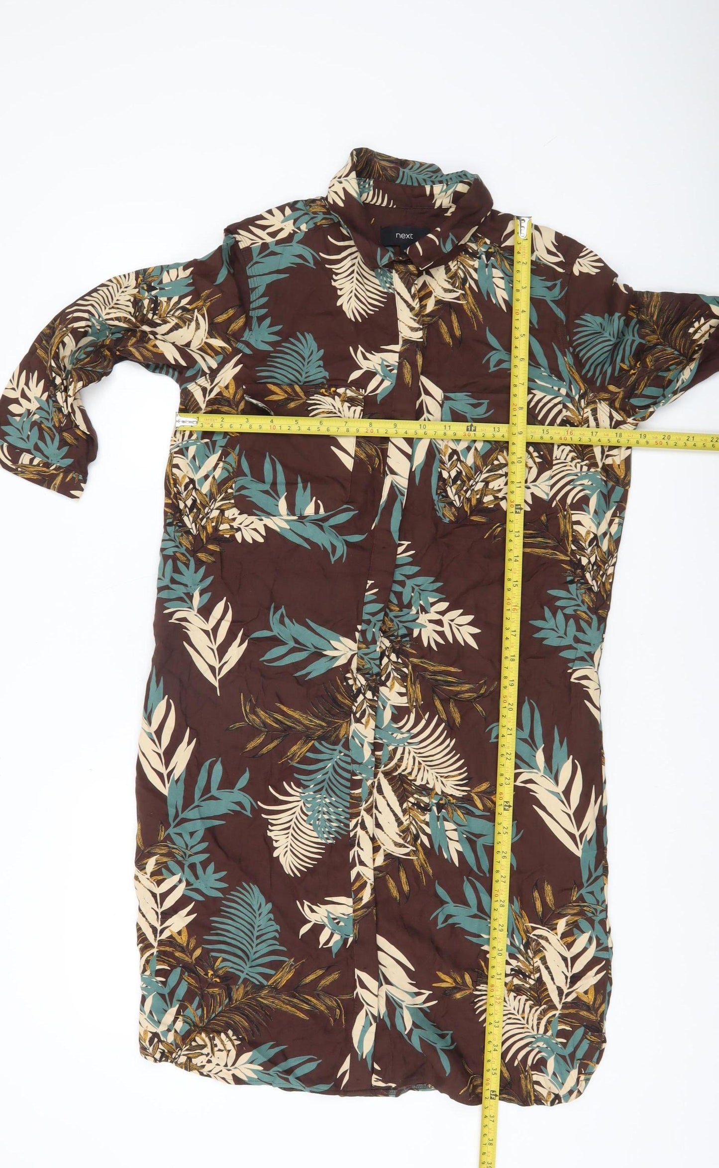 Next Womens Brown Green Floral Button-Up Tunic Shirt Dress UK 10