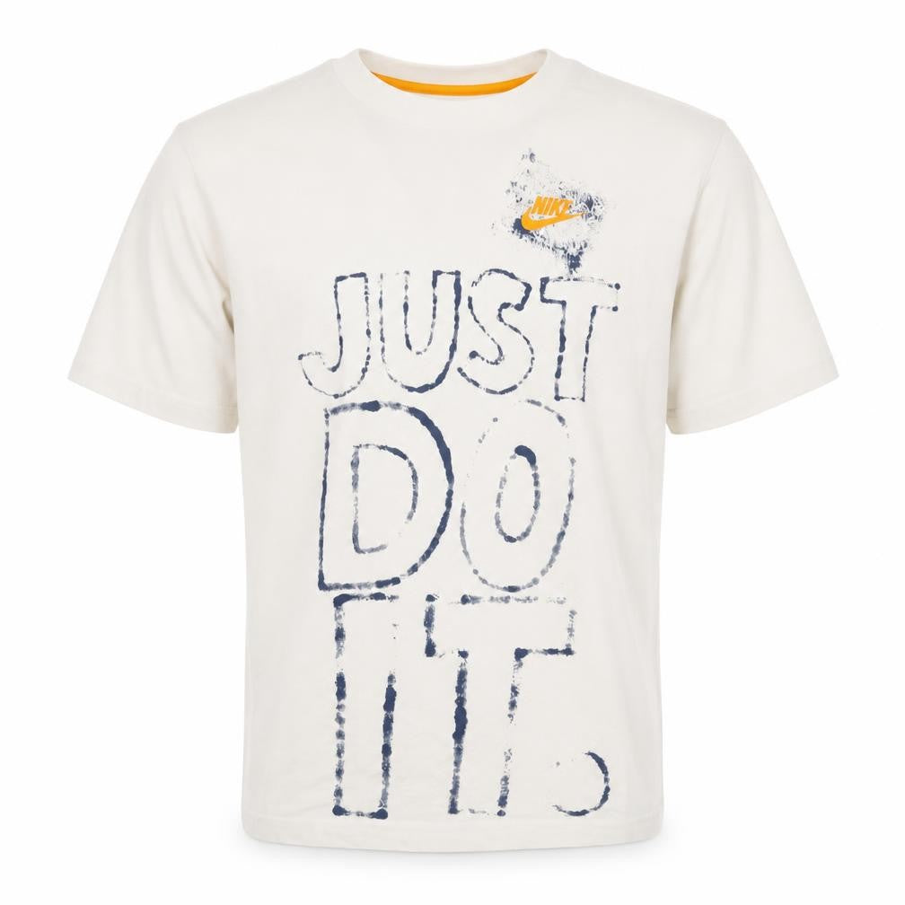 Front view of Nike Men’s White Just Do It Graphic T-Shirt, size S, Regular Fit