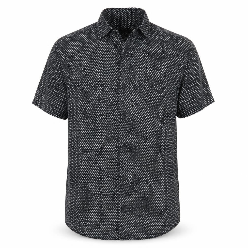 Front view of Jack & Jones Men’s Black Geometric Viscose Button-Up Shirt, size L