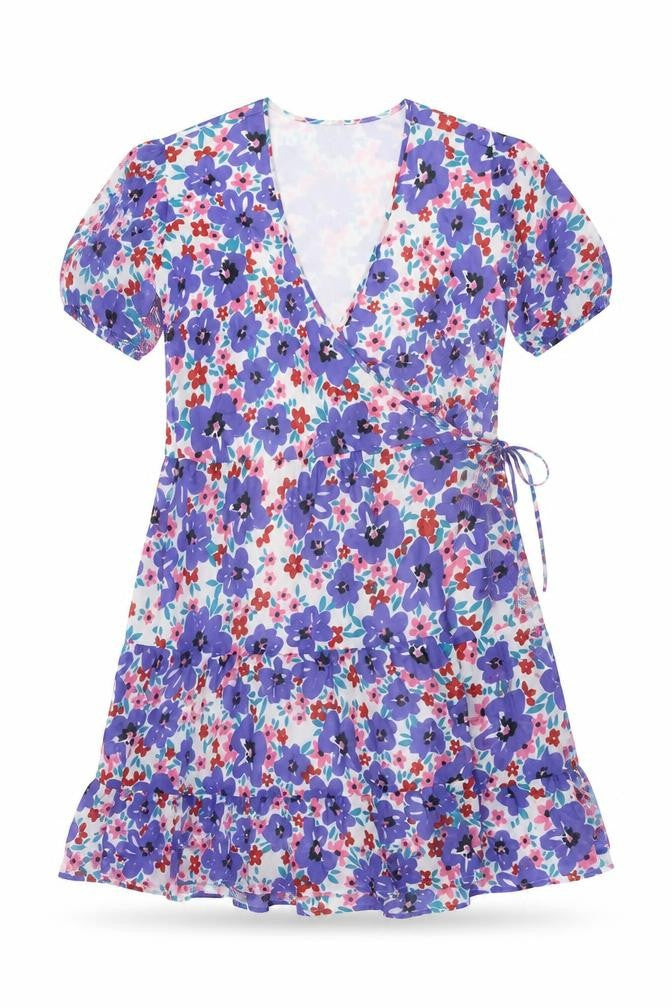 Front view of Influence Women’s Multicoloured, size UK 8, Floral Wrap Short Dress