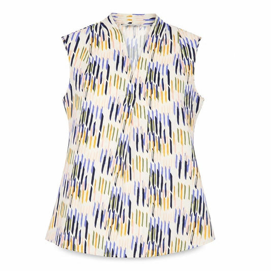 Front view of Simon Jersey women’s multicoloured v-neck sleeveless blouse, size UK 12