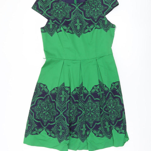 Oasis Women’s Green Blue Geometric A-Line Skirt Size 12 Knee Length Pleated