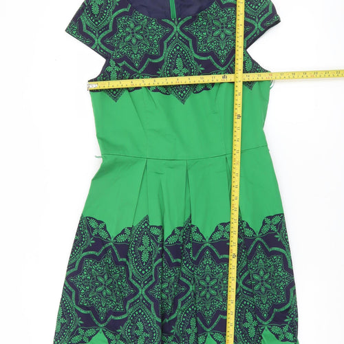 Oasis Women’s Green Blue Geometric A-Line Skirt Size 12 Knee Length Pleated