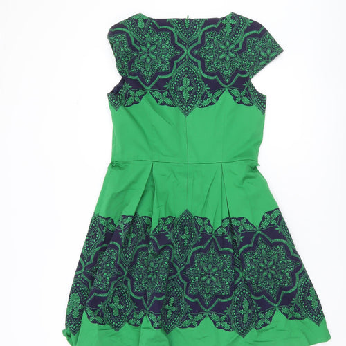 Oasis Women’s Green Blue Geometric A-Line Skirt Size 12 Knee Length Pleated