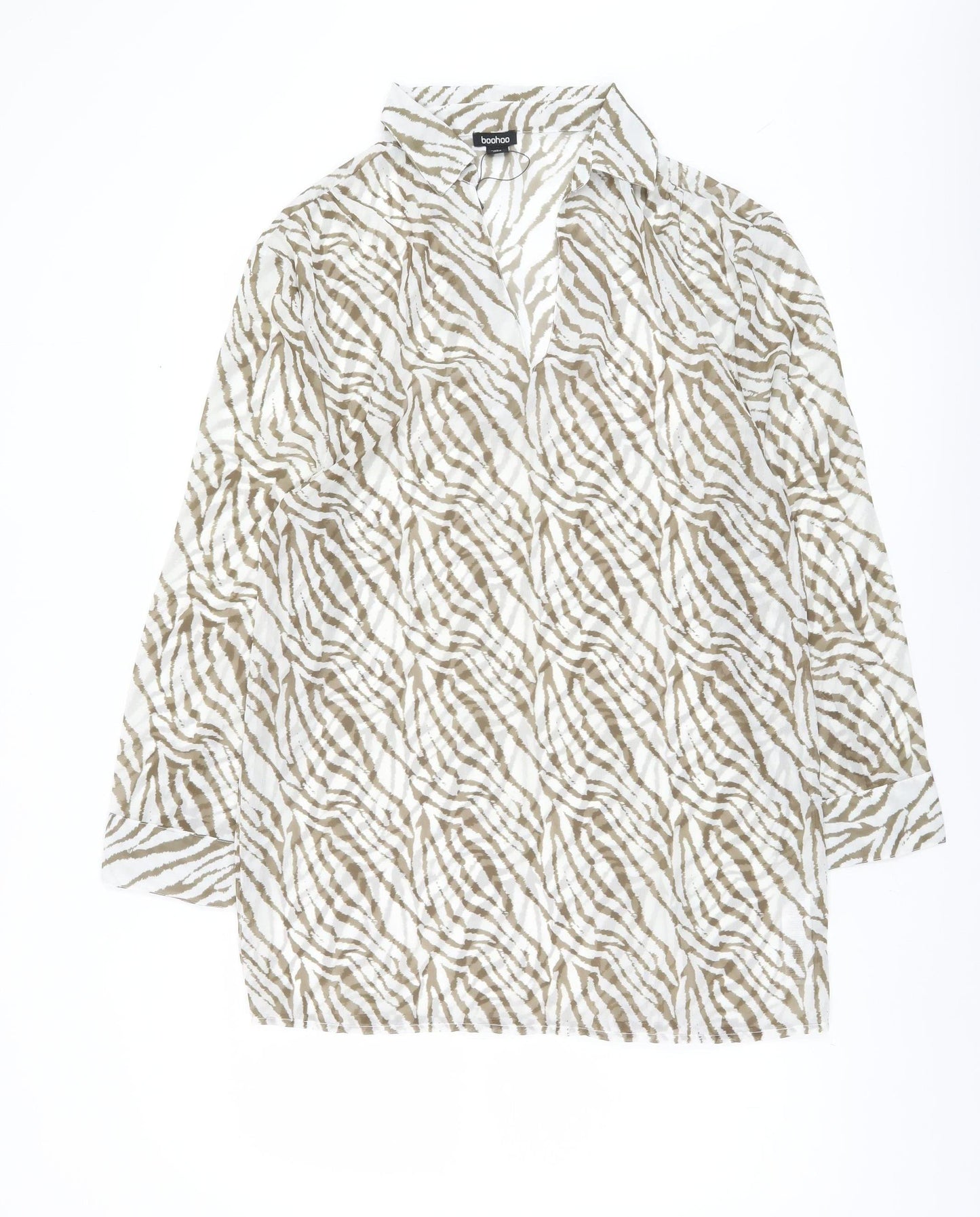 Boohoo Women’s Beige Zebra Animal Print Long Sleeve Blouse Size S