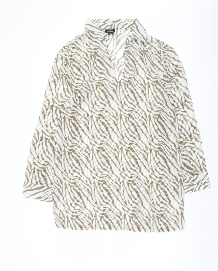Boohoo Women’s Beige Zebra Animal Print Long Sleeve Blouse Size S