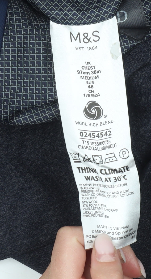Marks and Spencer Men’s Grey Wool Blend Suit Jacket 38 Chest
