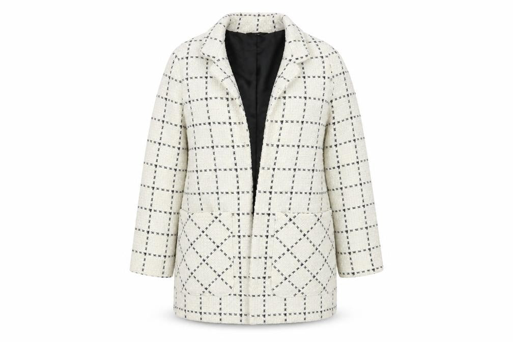 Front view of George Women’s Ivory Check Tweed Mid-Length Coat, size UK 14