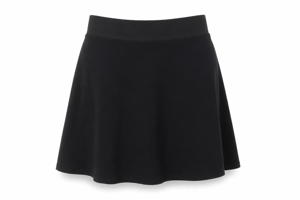 Front view of Women's Black Petite A-Line Skirt, size 12, Knee Length