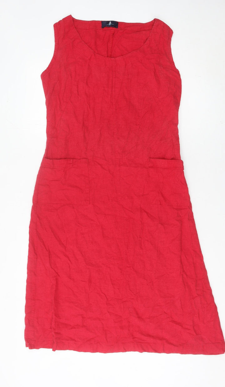 Batela Women Red Linen Shift Dress L Sleeveless Scoop Neck Pockets
