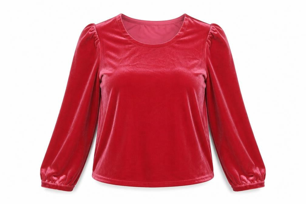 Front view of Lands' End women’s red velvet long sleeve blouse, size M, regular fit