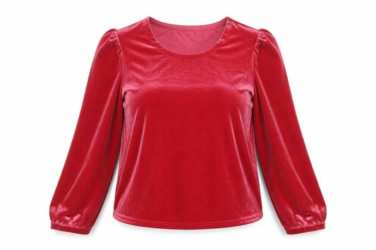 Front view of Lands' End women’s red velvet long sleeve blouse, size M, regular fit