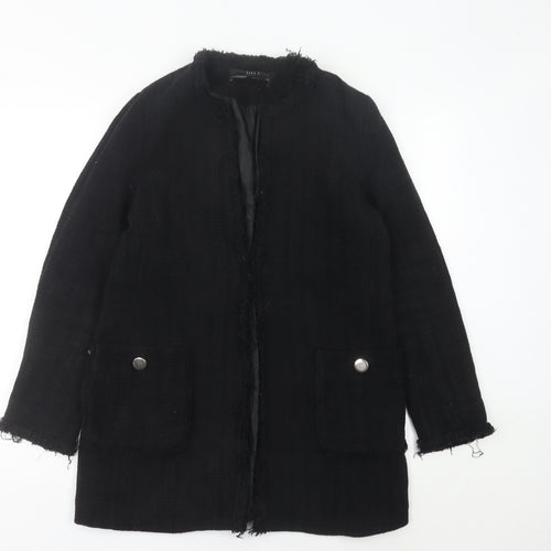 Zara Women Black Mid-Length Tweed Coat Size 12 Collarless