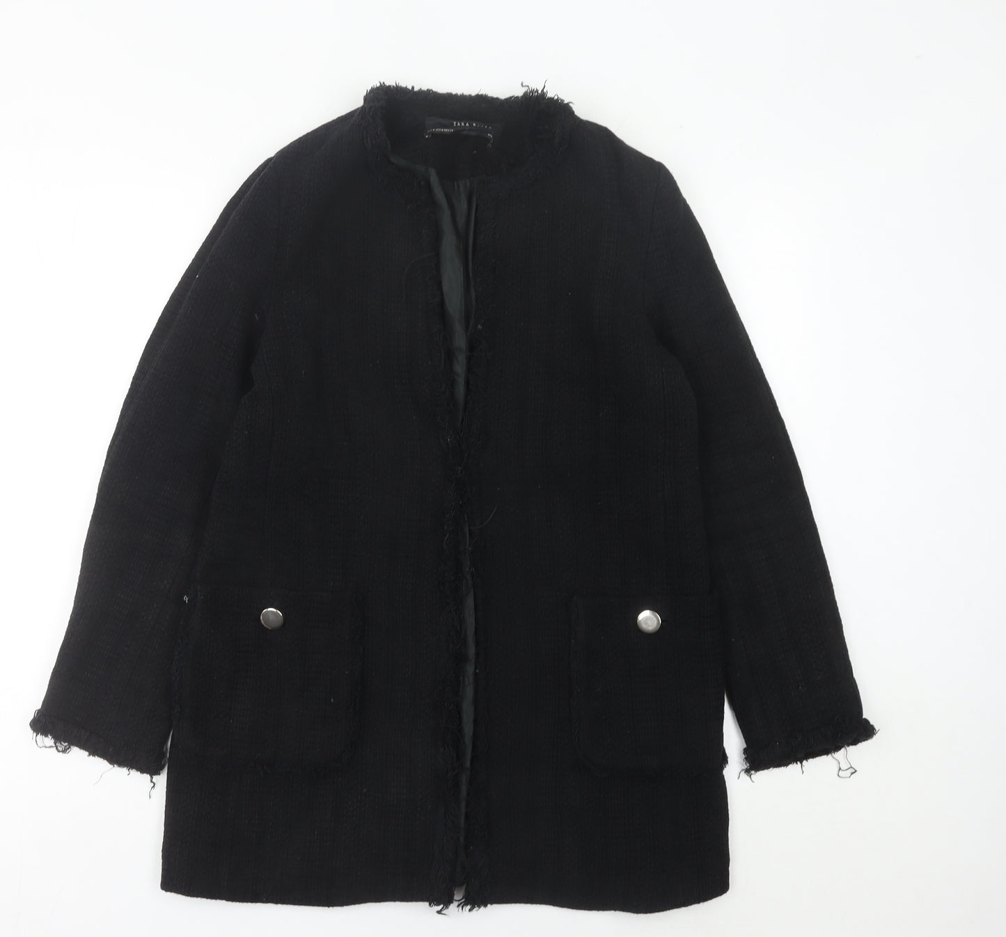 Zara Women Black Mid-Length Tweed Coat Size 12 Collarless