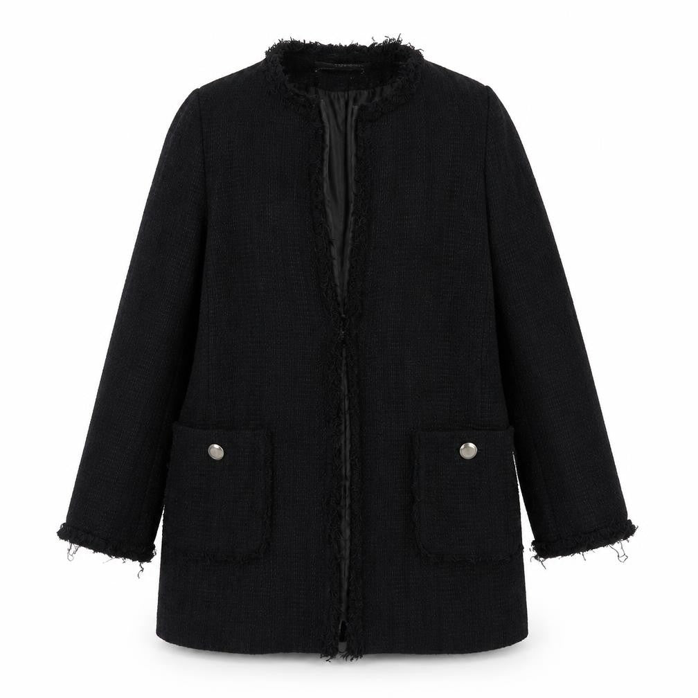 Front view of Zara Women Black Mid-Length Tweed Coat, size 12, Collarless
