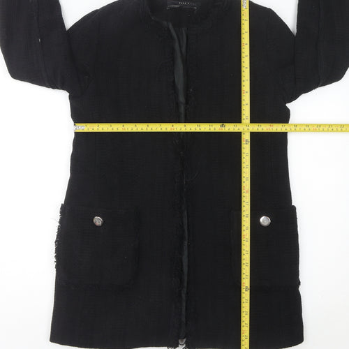 Zara Women Black Mid-Length Tweed Coat Size 12 Collarless