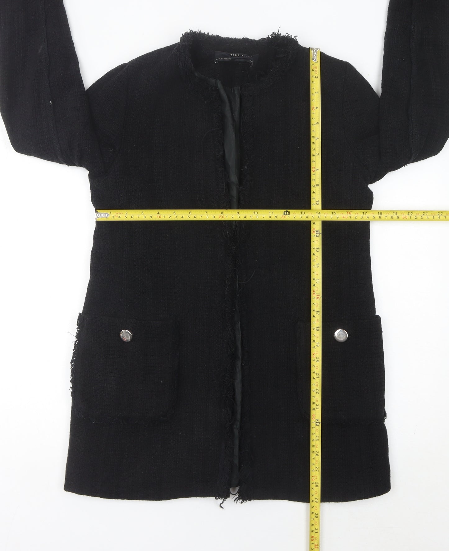 Zara Women Black Mid-Length Tweed Coat Size 12 Collarless