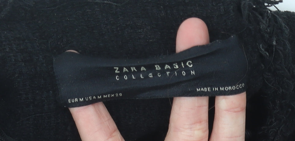 Zara Women Black Mid-Length Tweed Coat Size 12 Collarless