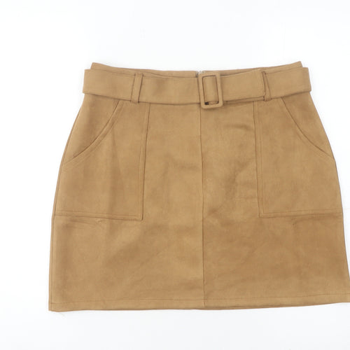 QED London Women Brown Short Skirt L High Waist Pencil Style