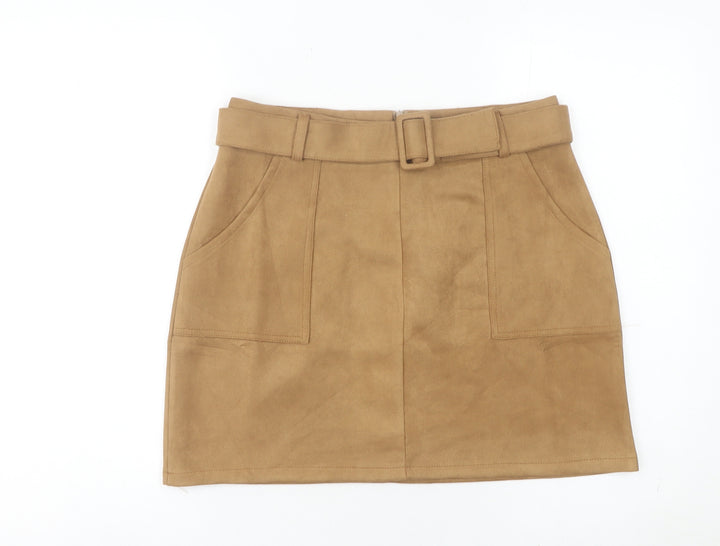 QED London Women Brown Short Skirt L High Waist Pencil Style