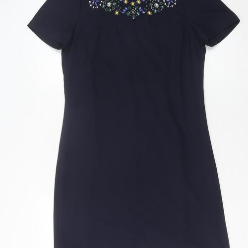 M&Co Women’s Navy Blue Size 10 Sheath Dress Beaded Embellished