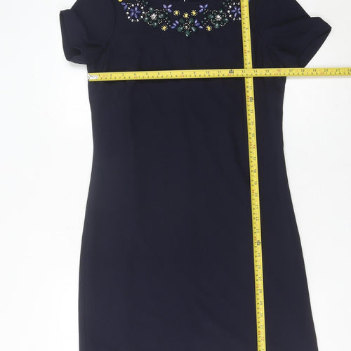 M&Co Women’s Navy Blue Size 10 Sheath Dress Beaded Embellished