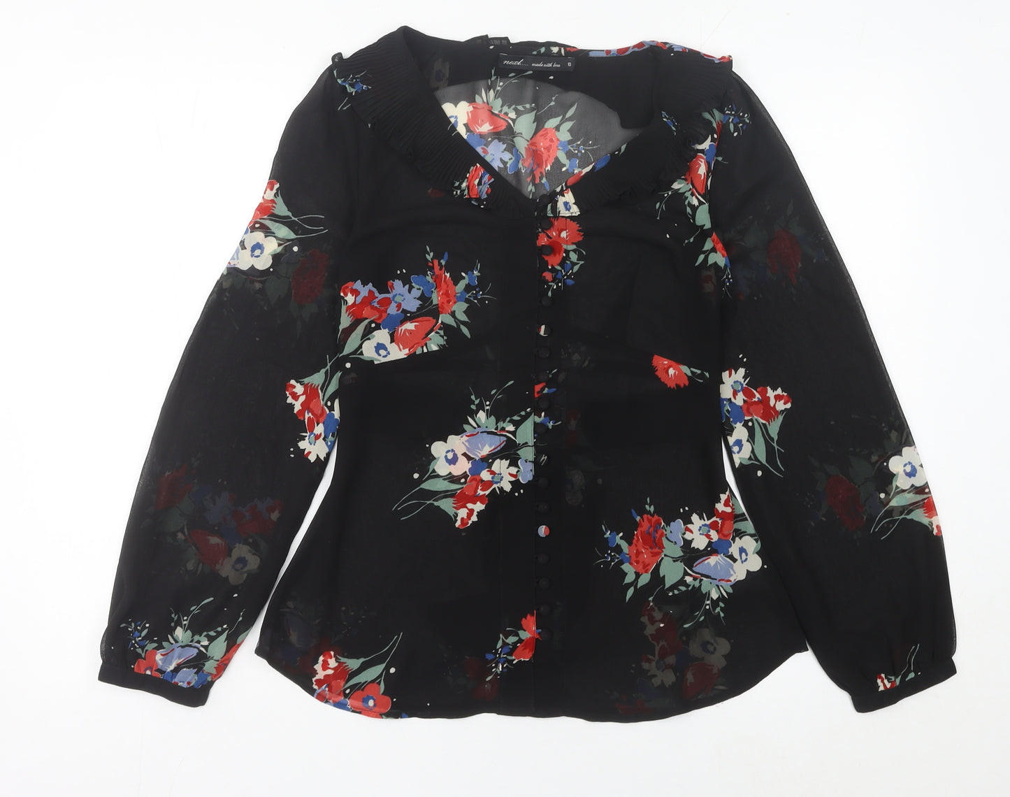 Next Women’s Black Floral Chiffon Blouse UK 10 Long Sleeve Tunic