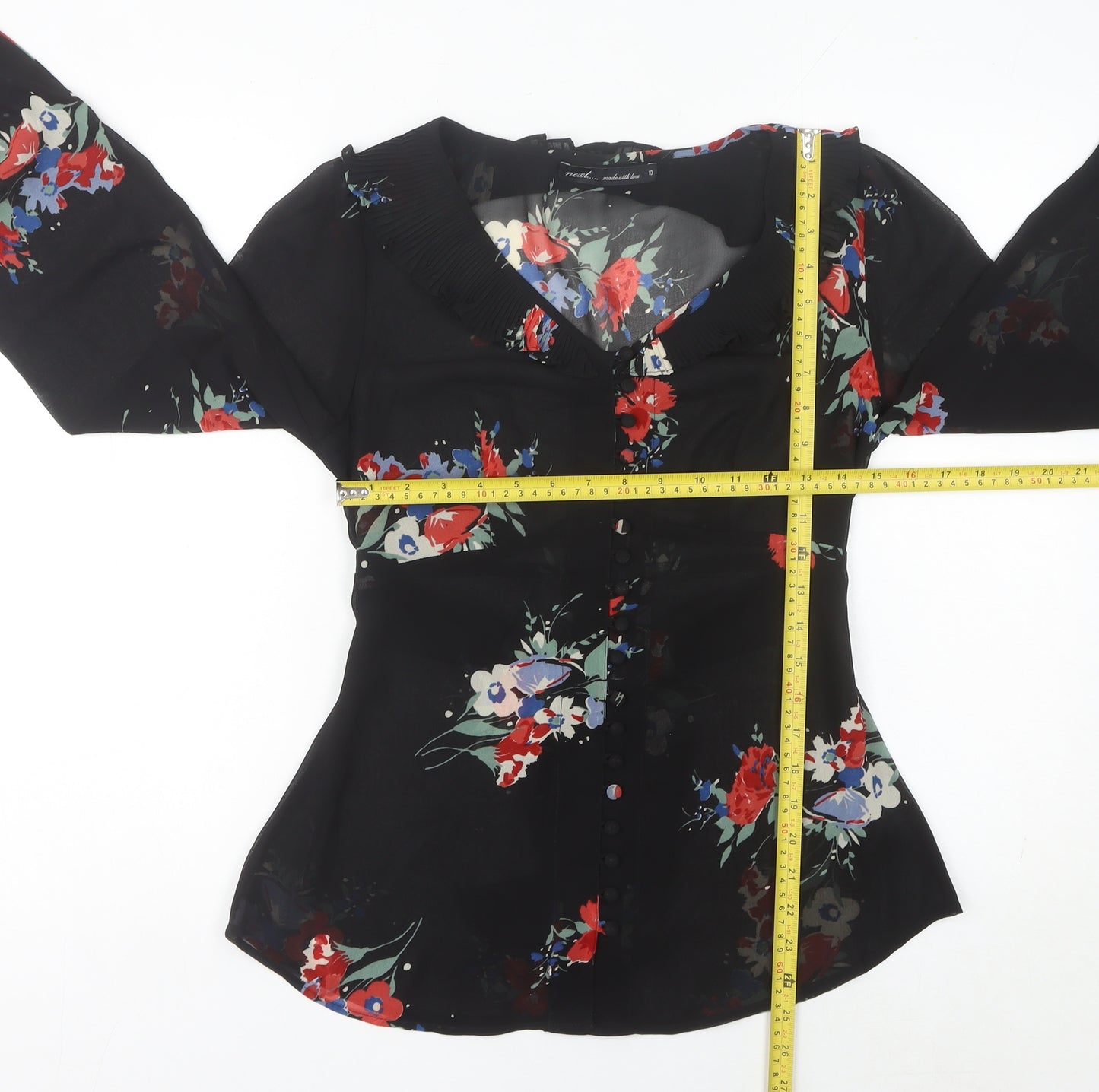 Next Women’s Black Floral Chiffon Blouse UK 10 Long Sleeve Tunic