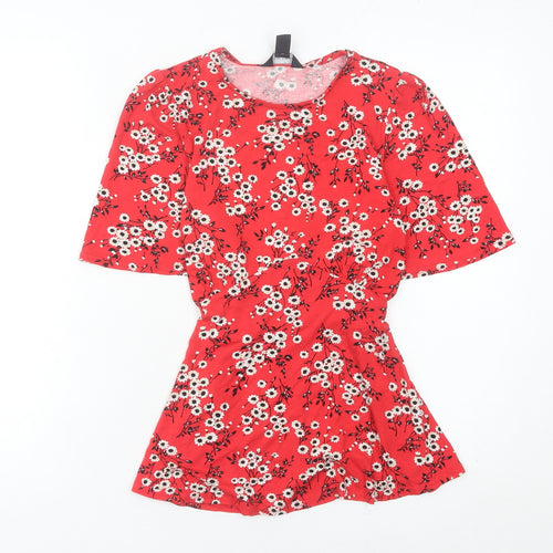 New Look Women’s Red Floral Tunic Blouse Size 6 Short Sleeve