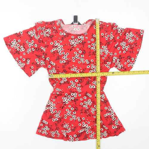 New Look Women’s Red Floral Tunic Blouse Size 6 Short Sleeve