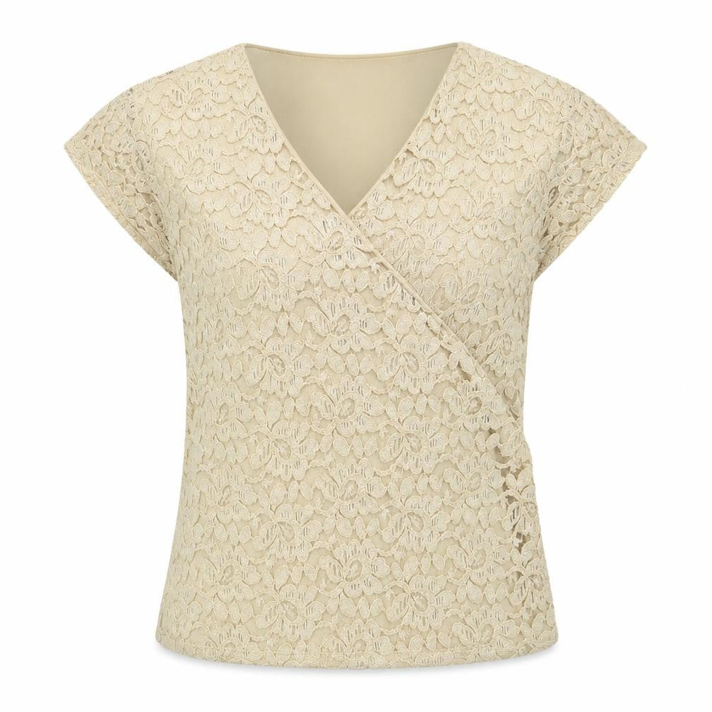 Front view of Coldwater Creek women’s beige lace wrap blouse top m