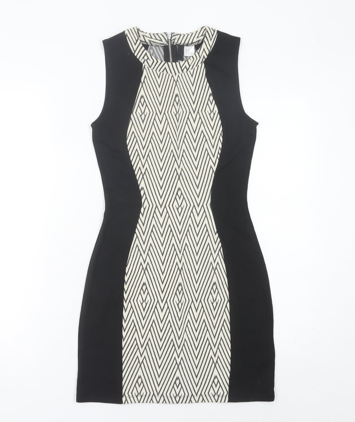 H&M Women’s Black & White Geometric Bodycon Dress Size 8